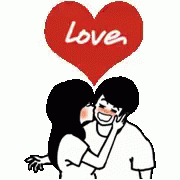 cartoon image of a man kissing his girlfriend with the word love in the middle of it