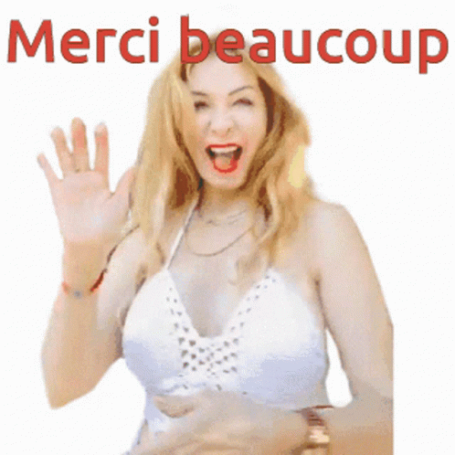 a young woman holding her hand out in front of her face and the words merci beaucoup written in blue above her