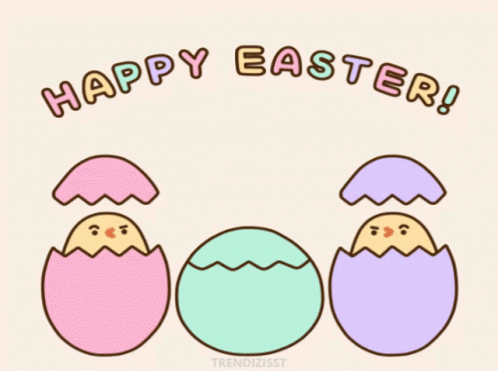 three colorful colored eggs sitting next to each other with the words happy easter written on the side of the egg