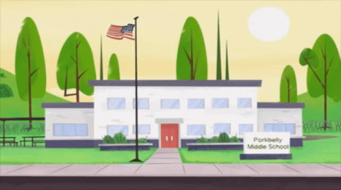 an animated po with trees, bushes and the words pine valley middle school
