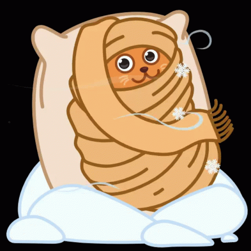 an image of a character in winter clothing wrapped in blankets