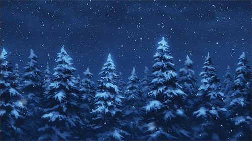 a painting of a snow covered forest at night