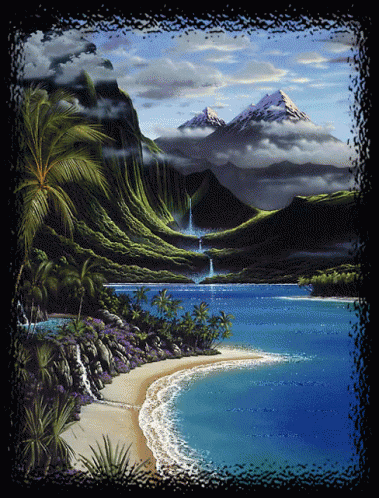 a painting of the ocean, mountains and palm trees
