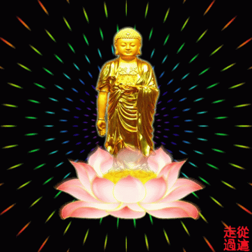 a painting with colorful lights and an image of buddha