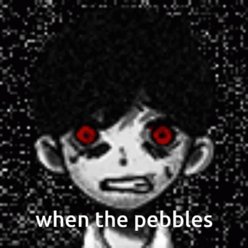 a person with blue eyes and a caption that says when the pebbles get into the crowd, the devil will eat them