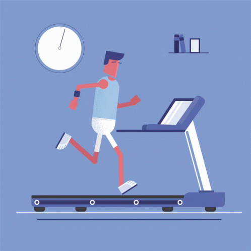 the man is running on a treadmill with a laptop and clock