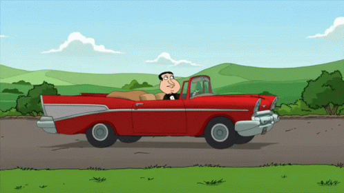 a cartoon car with an animation character driving down a road