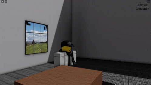 a computer generated picture of a person sitting in an empty room