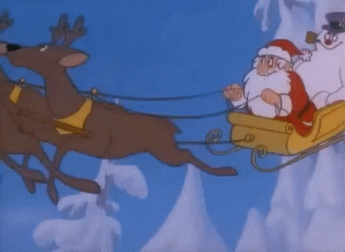 cartoon characters being pulled by sled with santa and reindeer