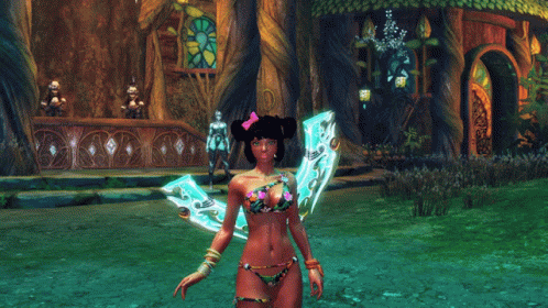 a video game image of a purple fairy standing on grass