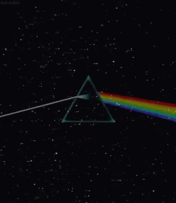 a dark side of the moon on a background of stars and rainbow