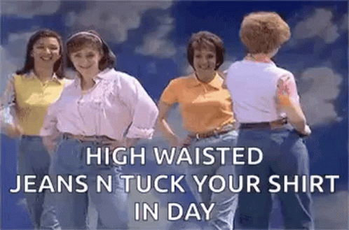 three girls with short hair are standing in front of the words high wasted jeans'n tuck your shirt in day