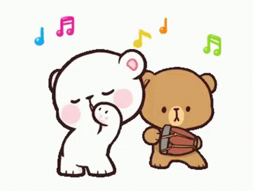 blue bear hugging another bear with music notes flying above