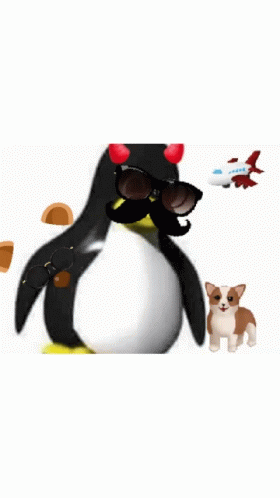 an animated penguin sitting next to a dog and an umbrella