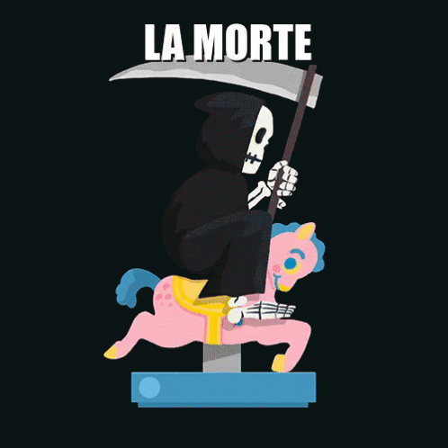 a purple skeleton riding a purple pony with a black scythe and a banner in the center saying la montee