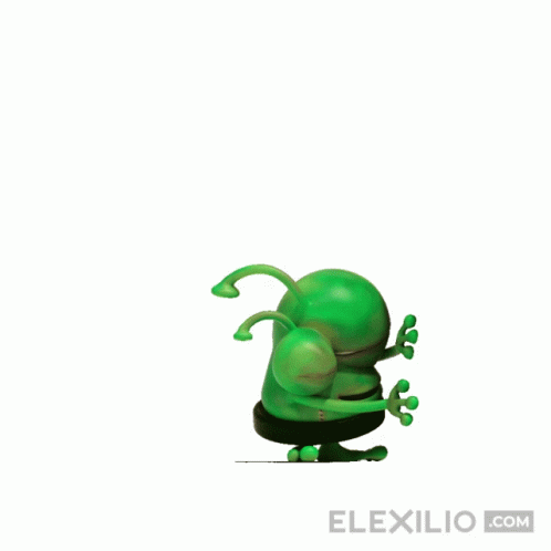 a little green toy is standing in the air