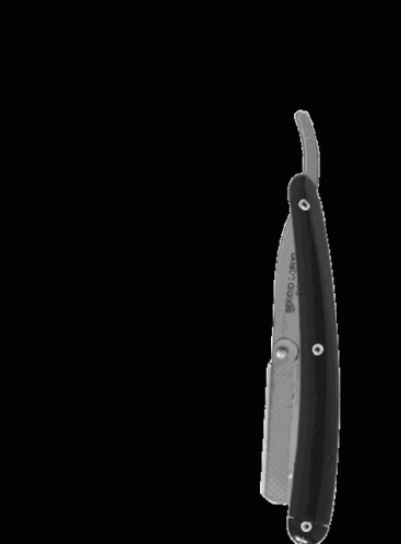 a black knife with a gray handle