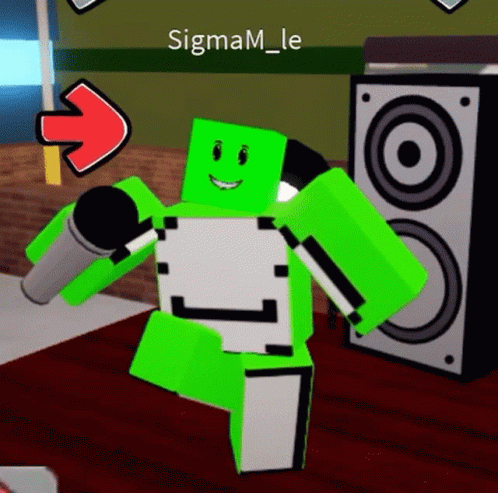 a green robot next to an amp with sign and arrow
