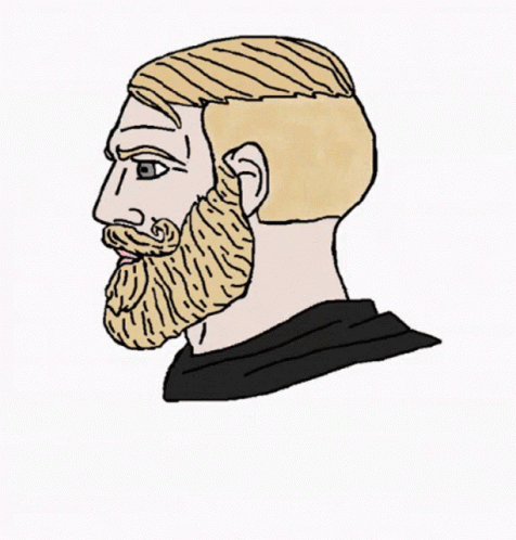 a line drawing of a bearded man with blue hair