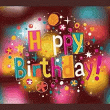 colorful happy birthday message in blue purple and gold