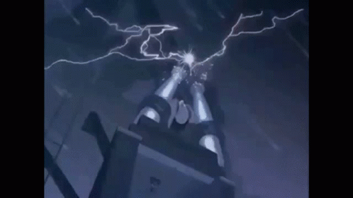 a tall tower with two lightning boltes above it