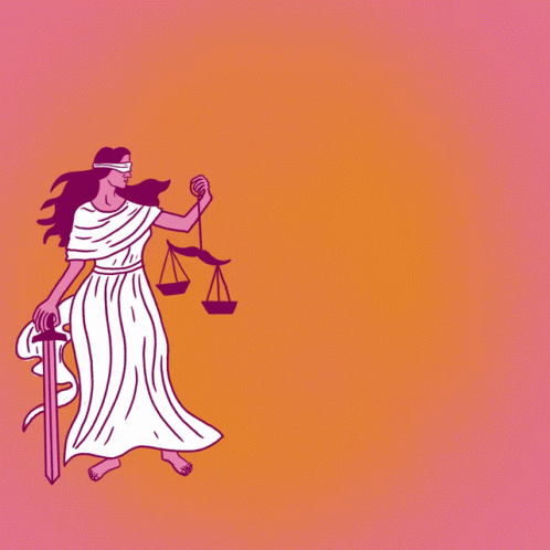 a drawing of a lady justice with her hammer in her hand