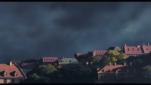 a cartoon scene of a city as it appears to be full of grey clouds