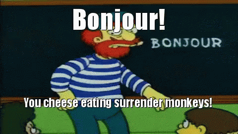a cartoon scene with the caption bonjour