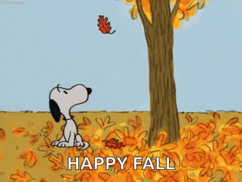 cartoon with a dog, leaves and a tree with the words happy fall on it