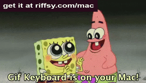 a cartoon character standing next to a spongeboad character with text saying get it at rify com / mac