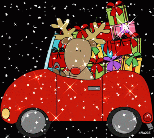 a cartoon character driving a car carrying christmas presents
