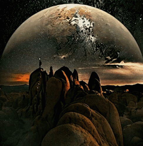 an astronomical scene showing the earth seen through rock and boulders