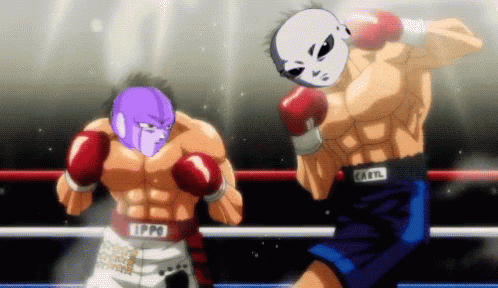 an animated wrestler and wrestler with blue outfit, boxing on the ring