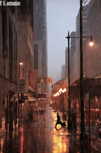 a man is walking through a rain soaked street