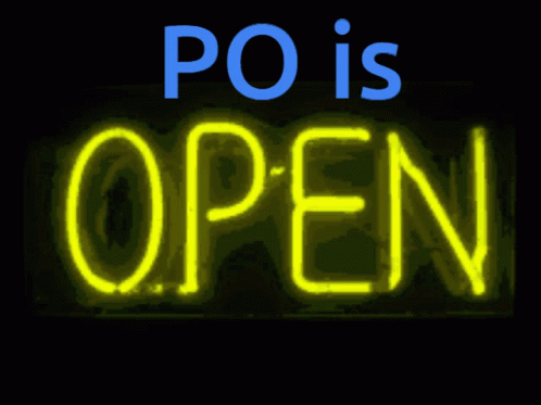a green neon sign saying po is open