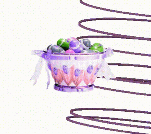 a small pink decorated bucket filled with easter eggs