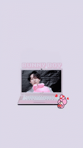 bunnyboy texting, with purple background over white laptop
