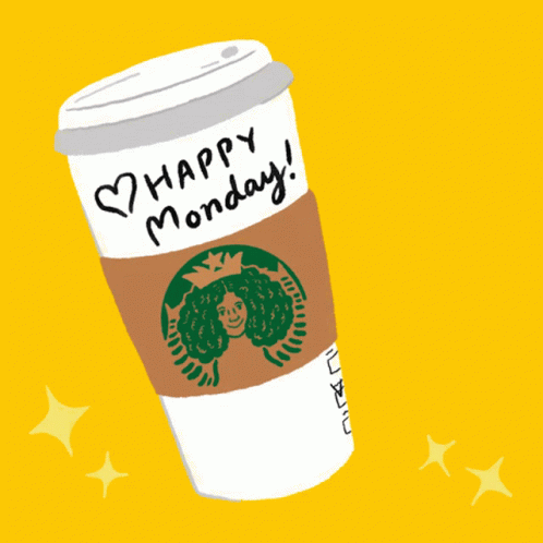 a cup of coffee with the words happy monday