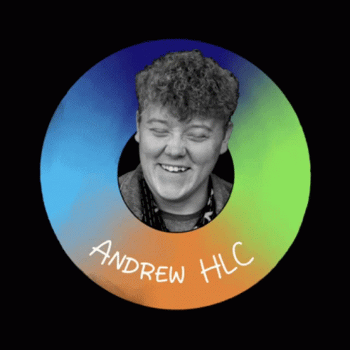 an illustration of a man smiling in front of a rainbow disk with the words andrew hlc