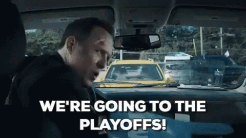 a man in the back seat of a car holding onto an object while text reads, we're going to the play offs