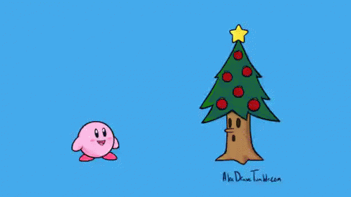 cartoon characters decorate a christmas tree in an orange background