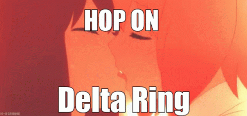 a couple is kissing in the background with the text'hop on delta ring'above them