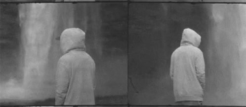 the image is a split screen of someone in a hooded overcoat