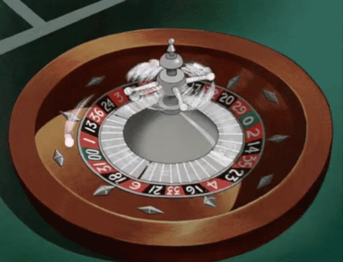 a blue spinning wheel of fortune in the center of a room