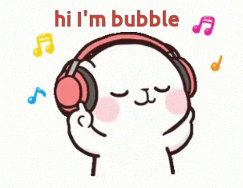 an animated cat with headphones on and the words hi'm bubble