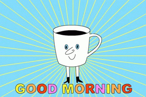 a cup of coffee in a graphic style with words and a smiling person inside