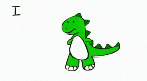 a green dinosaur standing next to a sign and a white background