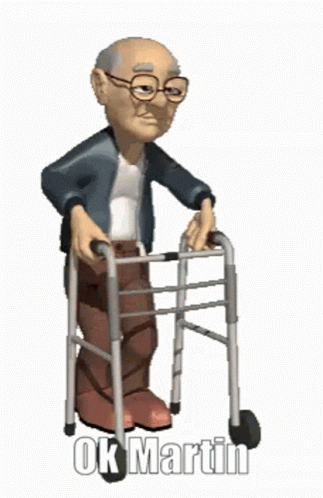 cartoon man with leg walker using handrail