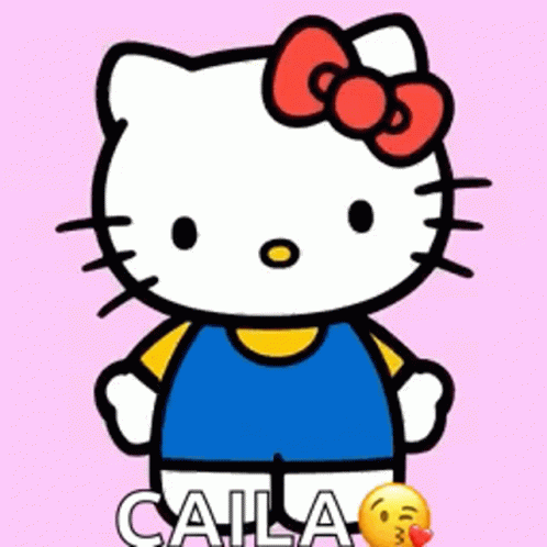 a cartoon kitty is standing with a bow