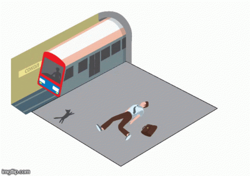 an animated man is walking past a train
